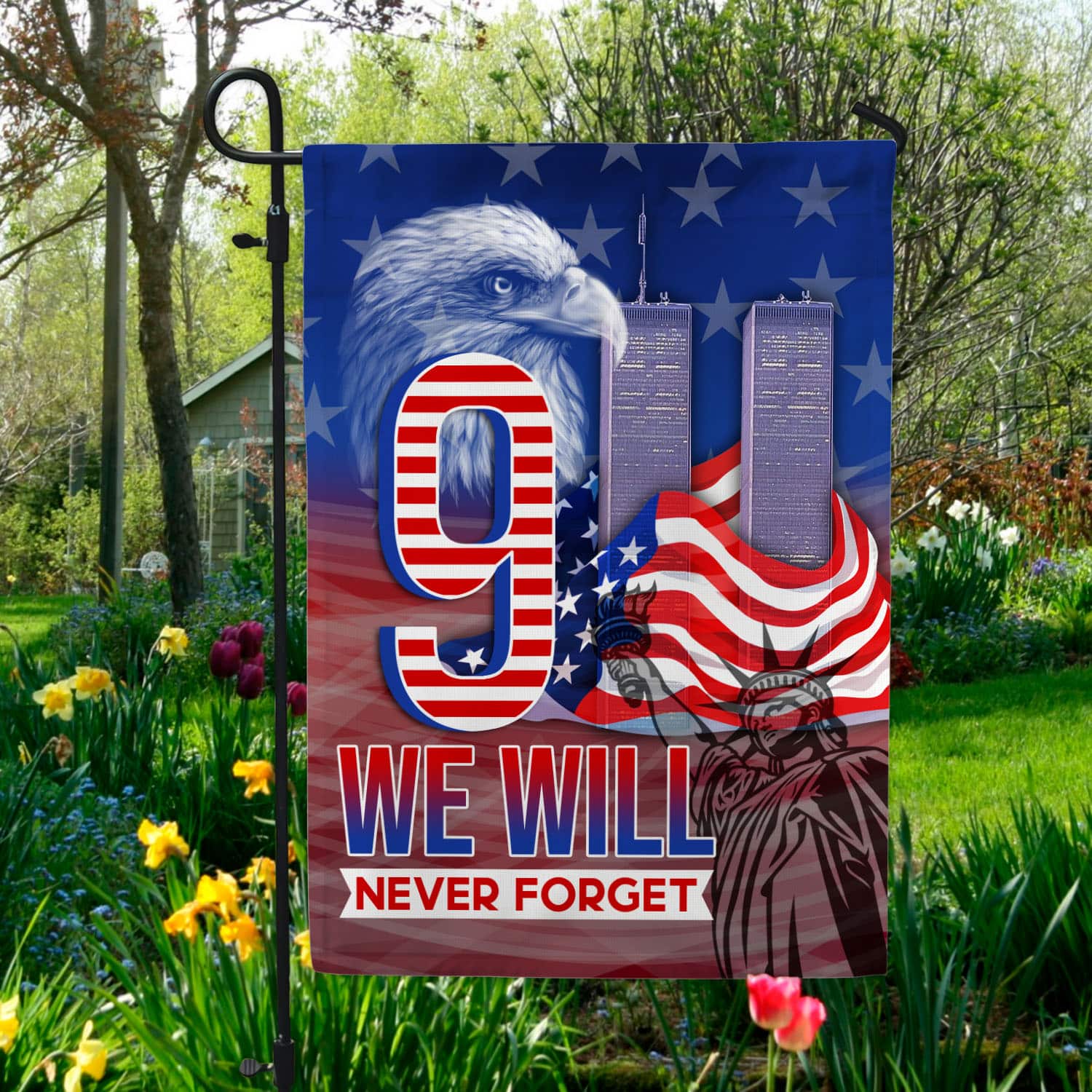 7VT. 9 11 We Will Never Forget Garden Flag Mockup 5