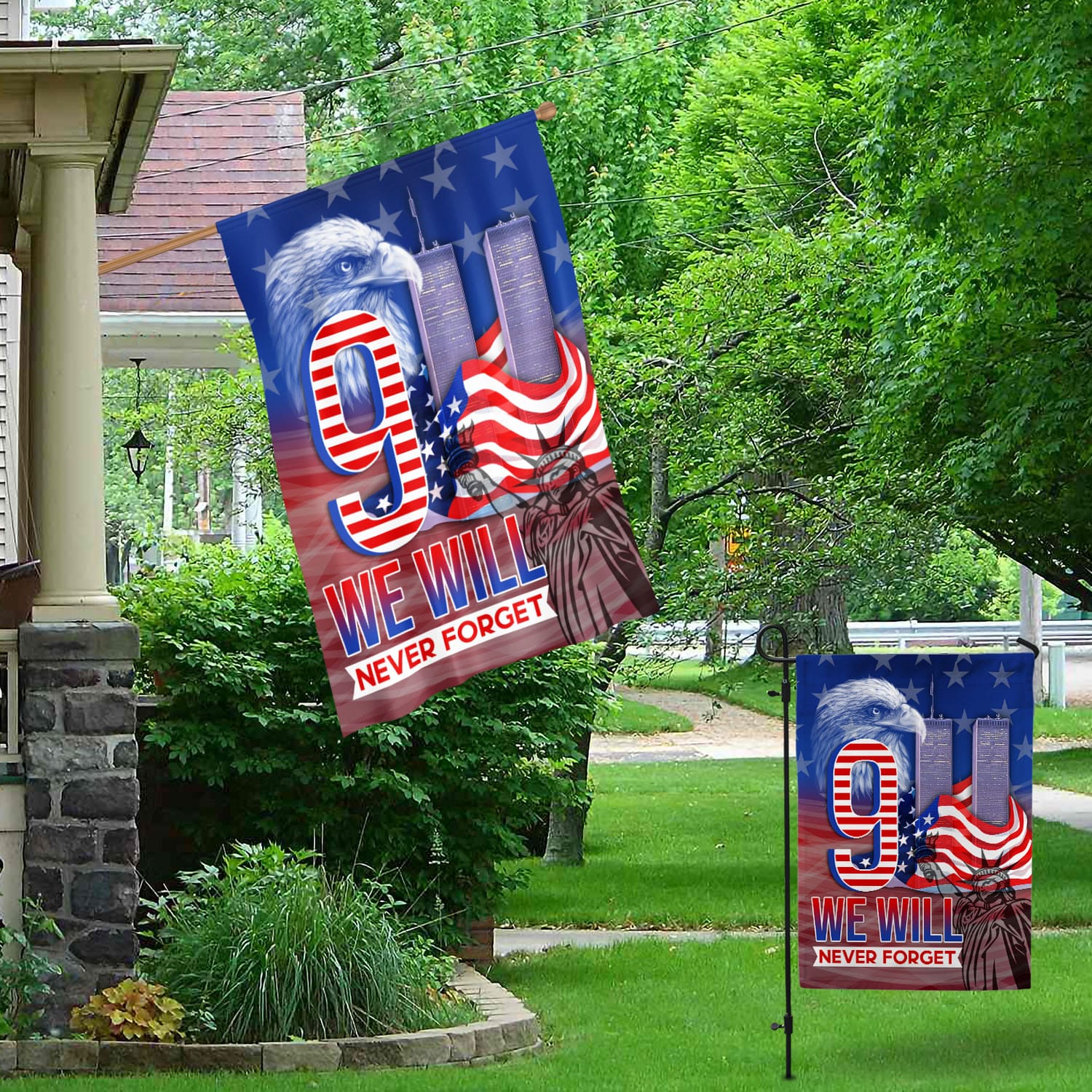 7VT. 9 11 We Will Never Forget Garden & House Mockup 1