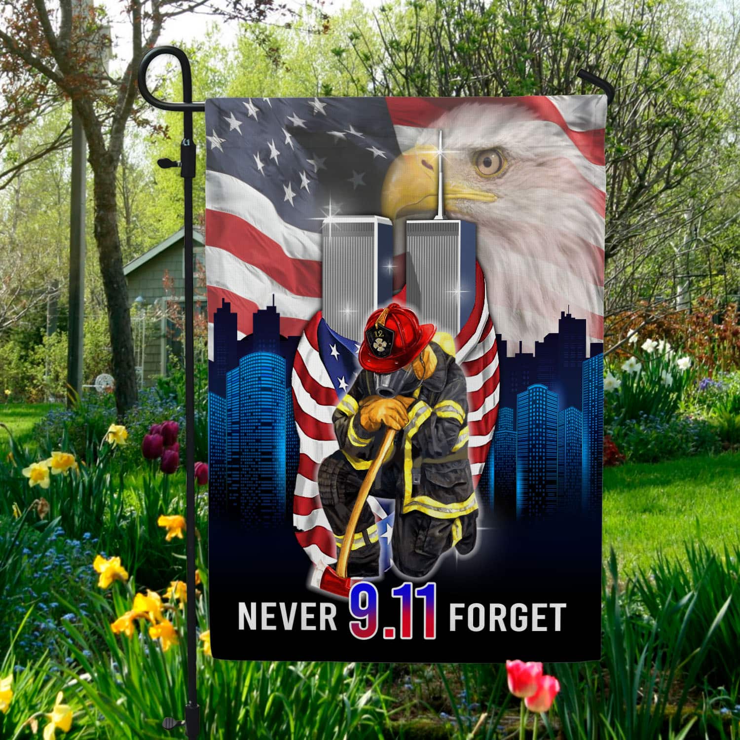 4O. Never Forget 9 11-30x40-side2 Garden Flag Mockup 5