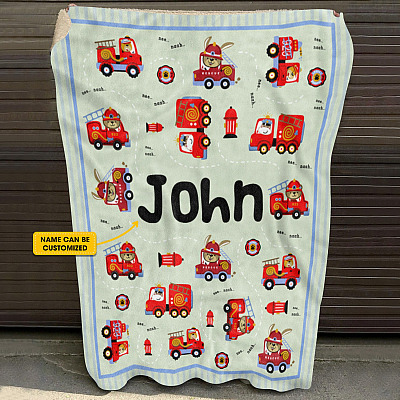 Alternative view of Personalized Name Firetruck Fleece Blanket - Mink Sherpa Blanket - Kids Blanket With Name