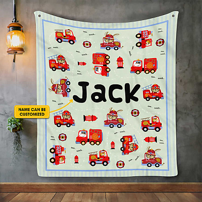 Personalized Name Firetruck Fleece Blanket - Mink Sherpa Blanket - Kids Blanket With Name
