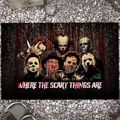 Alternative view of Where the Scary Things Are Halloween Horror Character Doormat - Horror Halloween Doormat