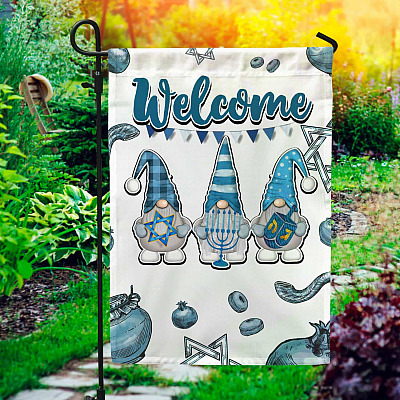 Welcome Gnome Rosh Hashanah Star of David Temple Menorah Garden Flag - Jewish Newyear House Flag
