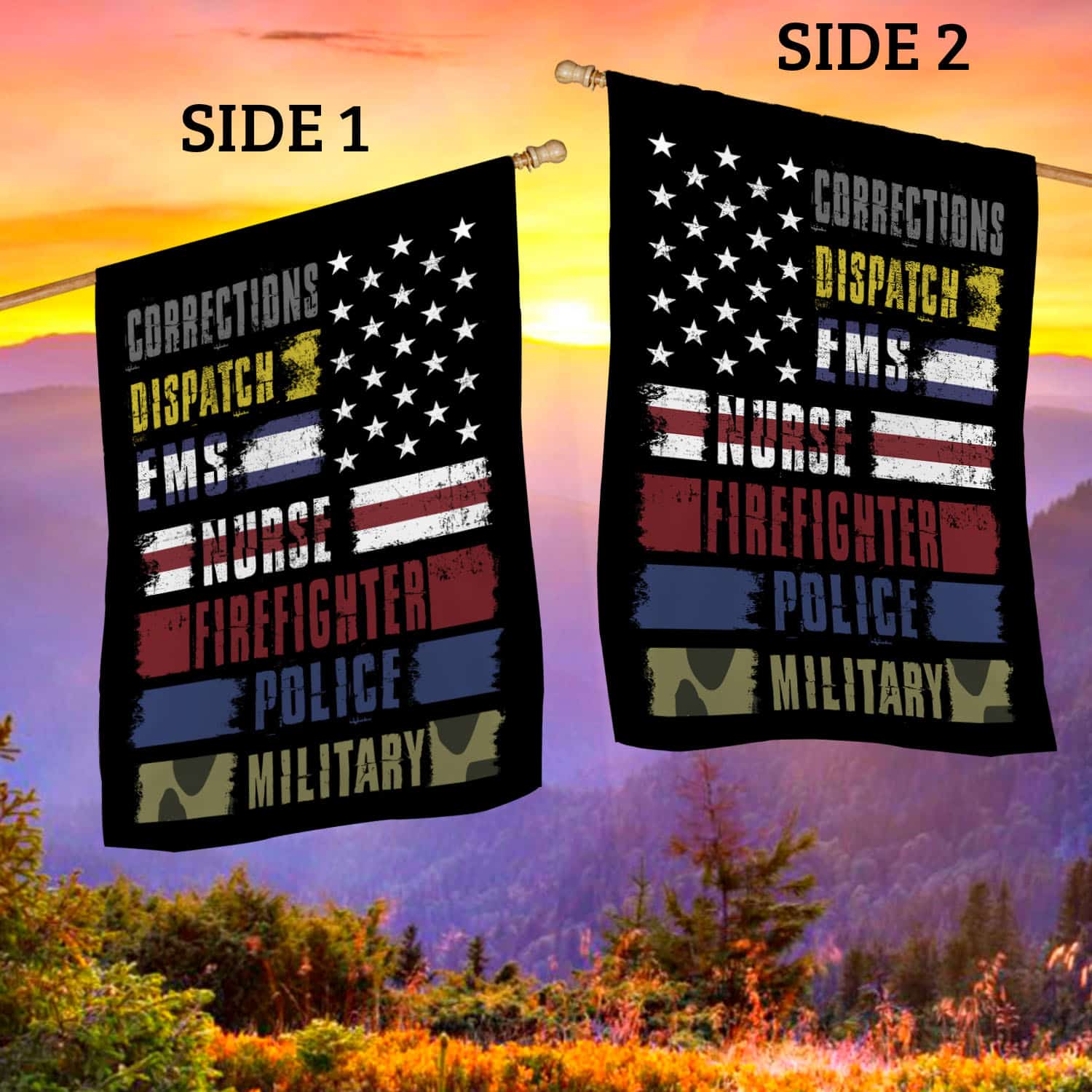 6O. Corrections Dispatch-30x40 side 1 House Flag Mockup 2 Side