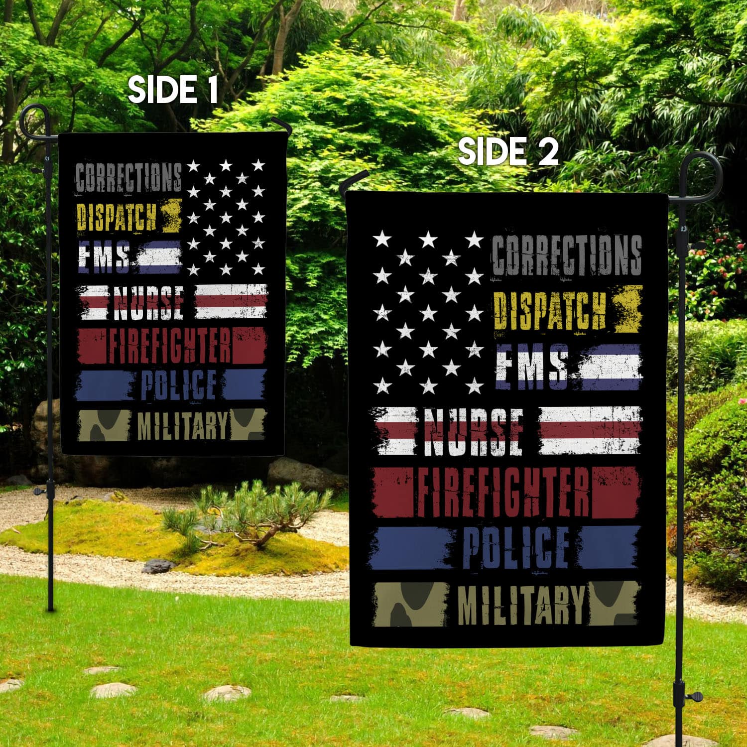 6O. Corrections Dispatch-30x40 side 1 Garden Flag Mockup 2 Side