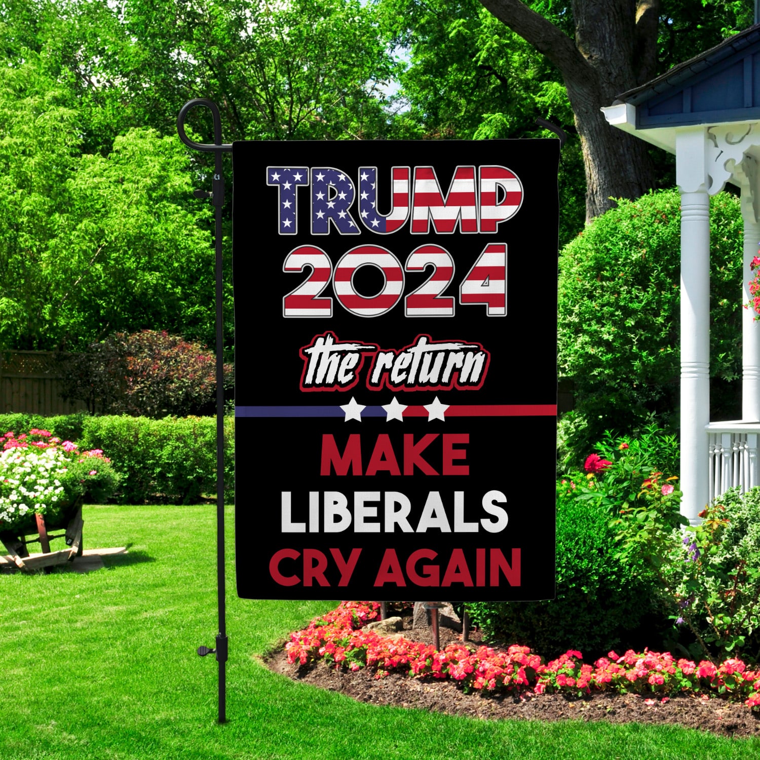 1KNG. Trump 2024 Return 30x40 Garden Flag Mockup 2