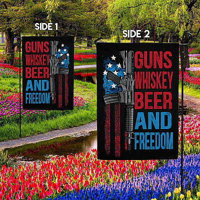 Alternative view of Gun Whisky Beer and Freedom American House Flag - Pro-Gun Patriot Garden Flag