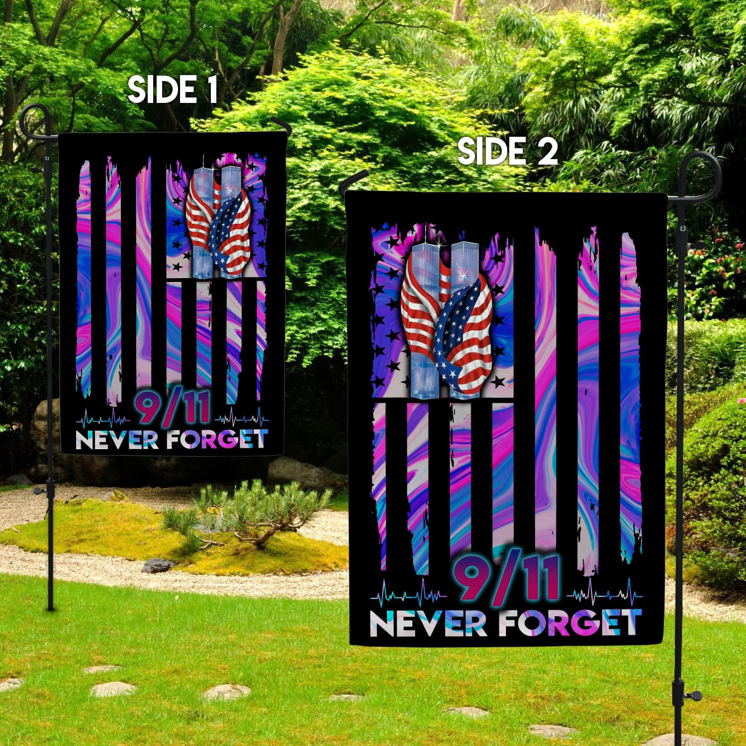 8VT. 9-11 Never Forget Garden Flag Mockup 2 Side