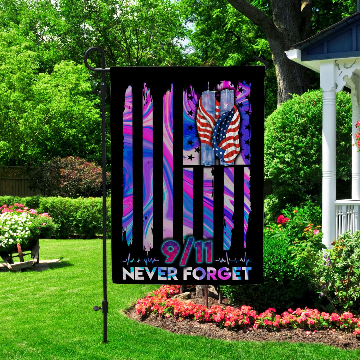 8VT. 9-11 Never Forget Garden Flag Mockup 2