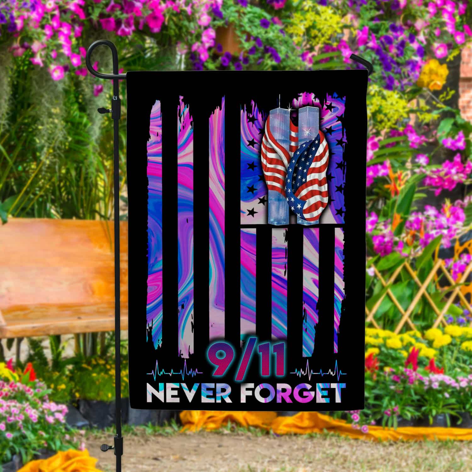 8VT. 9-11 Never Forget Garden Flag Mockup 4