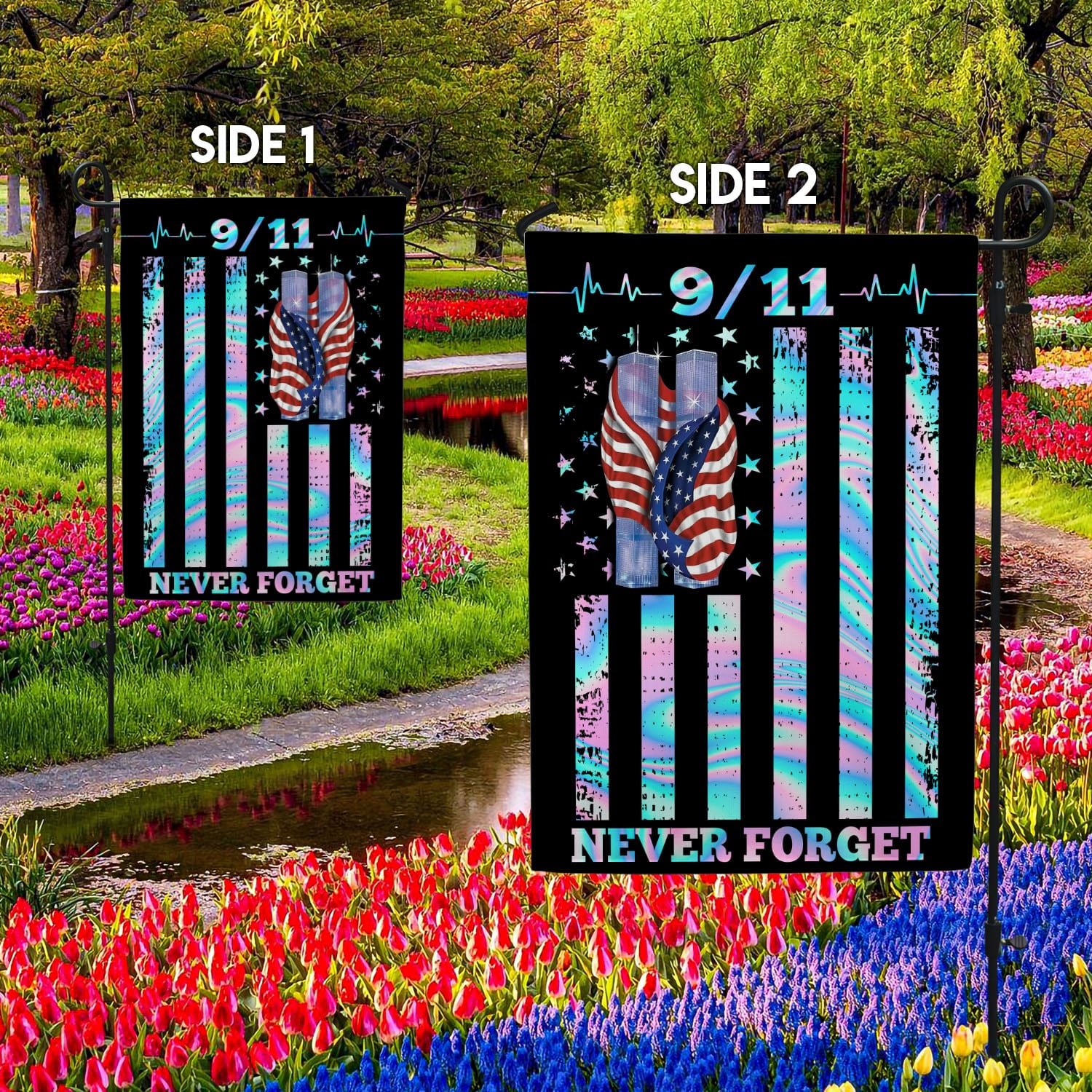 1O. 911 Never Forget-30x40 side1 Garden Flag Mockup 2 Side-2