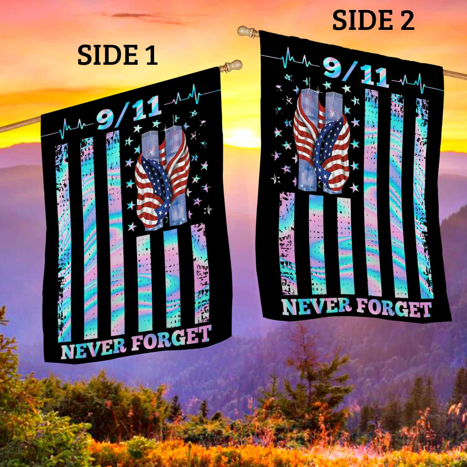 1O. 911 Never Forget-30x40 side1 House Flag Mockup 2 Side