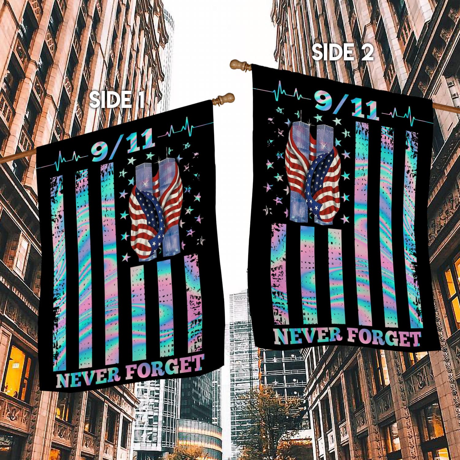 1O. 911 Never Forget-30x40 side1 House Flag Mockup 2 Side-1