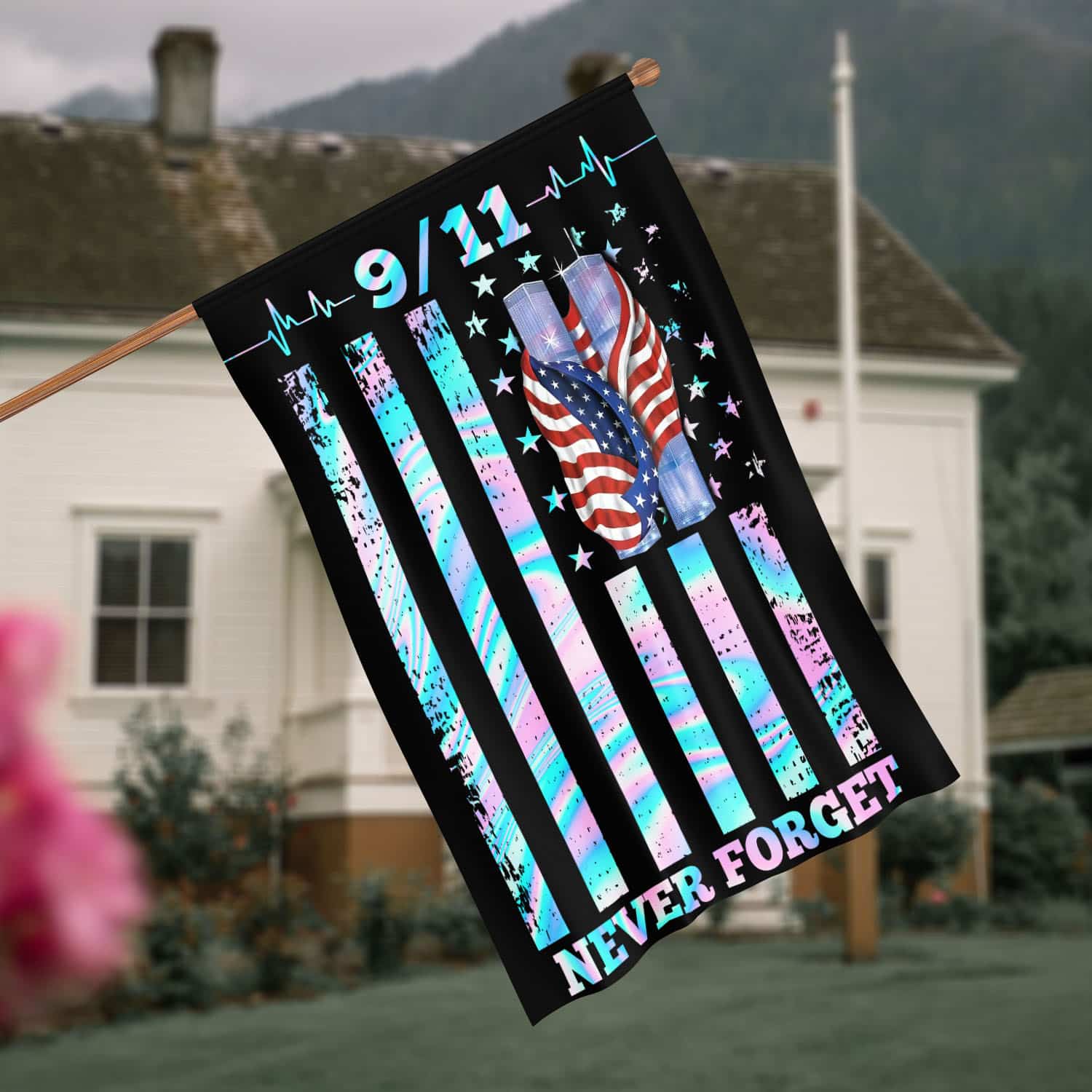 1O. 911 Never Forget-30x40 side1 House Flag Mockup 4