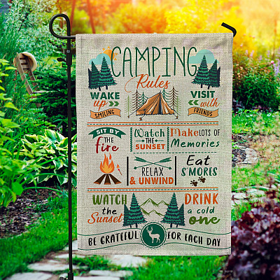 Camping Rules Wake Up Smiling Visit With Friends Make Lots Of Memories Outdoor Garden Flag - House Flag