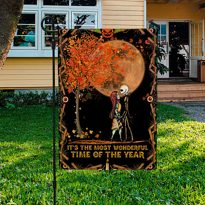 Jack Skellington and Sally It's the Most Wonderful Time of the Year Garden Flag - Funny Halloween House Flag