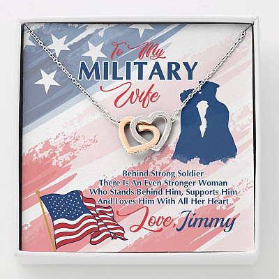 Personalized Name To My Military Wife Behind Every Strong Soldier Interlocking Hearts Pendant Necklace - Interlocking Hearts Necklace