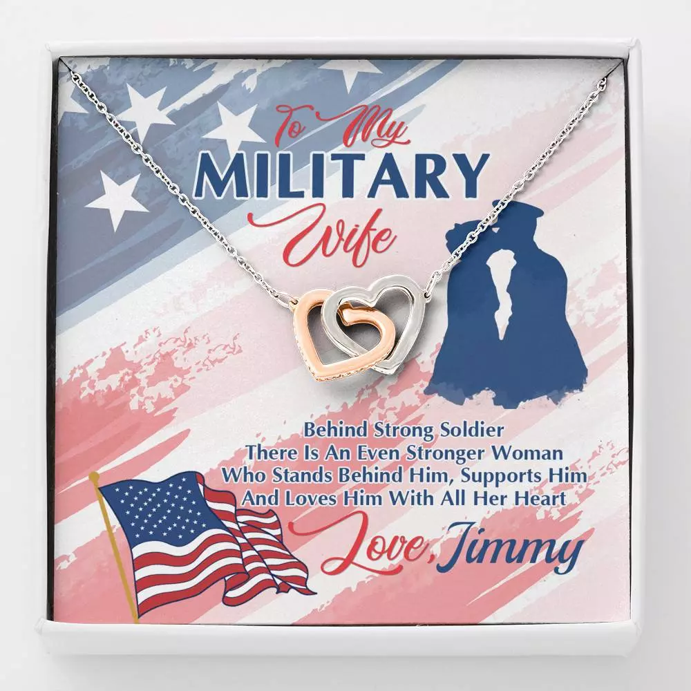 Personalized Name To My Military Wife Behind Every Strong Soldier Interlocking Hearts Pendant Necklace - Interlocking Hearts Necklace
