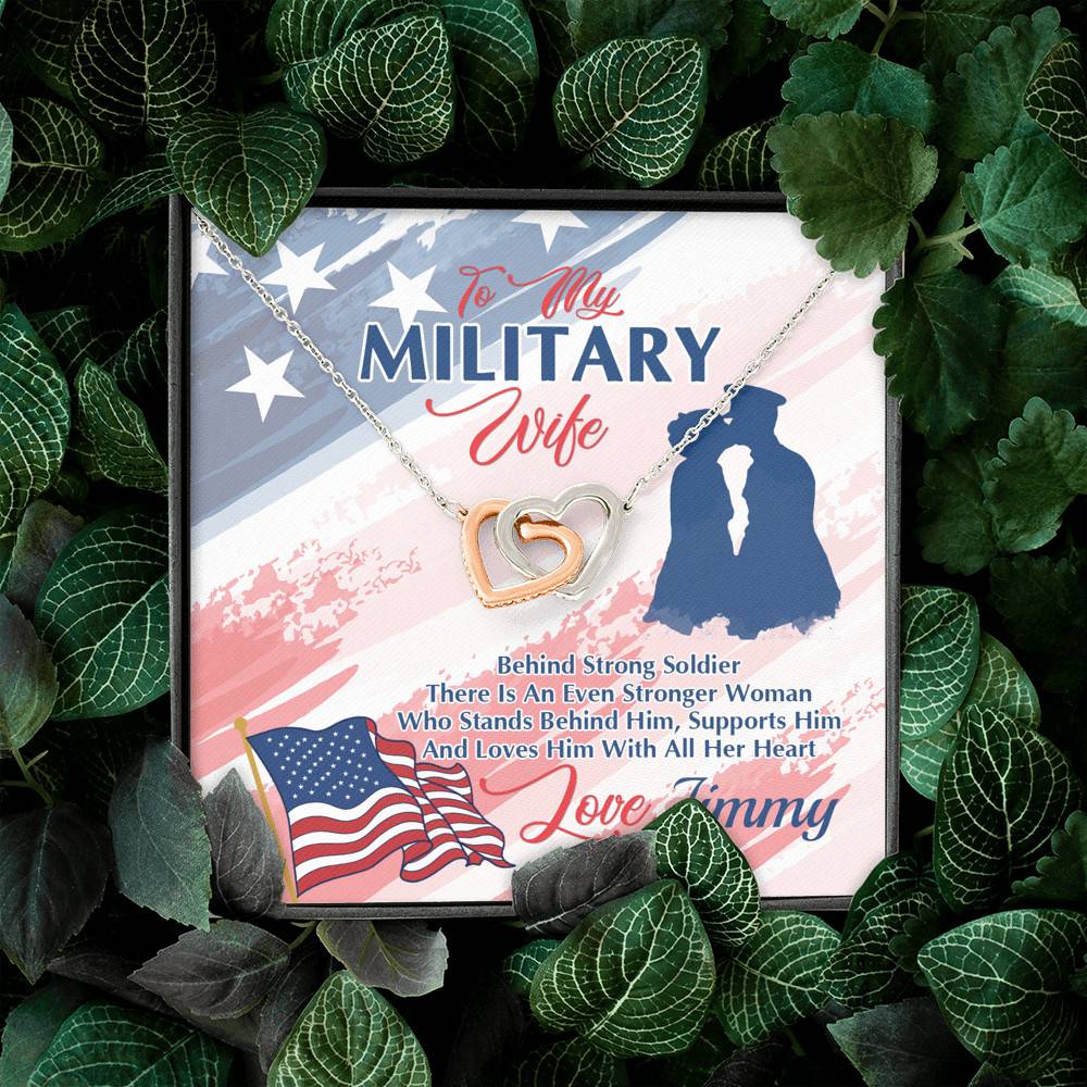 Personalized Name To My Military Wife Behind Every Strong Soldier Interlocking Hearts Pendant Necklace