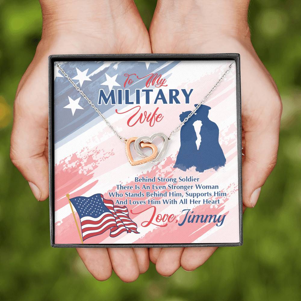 Personalized Name To My Military Wife Behind Every Strong Soldier Interlocking Hearts Pendant Necklace