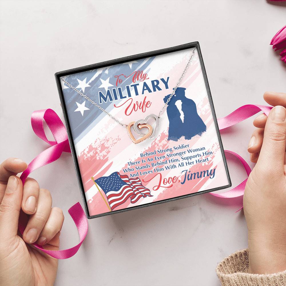 Personalized Name To My Military Wife Behind Every Strong Soldier Interlocking Hearts Pendant Necklace