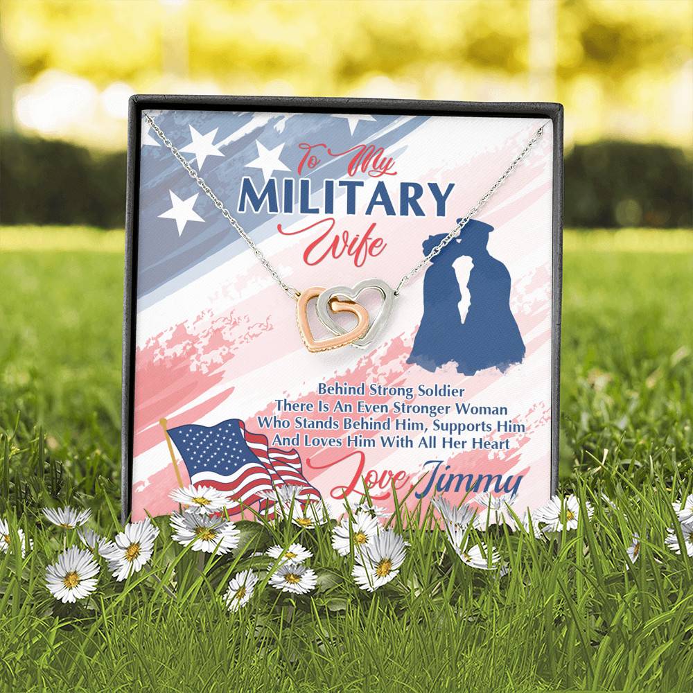 Personalized Name To My Military Wife Behind Every Strong Soldier Interlocking Hearts Pendant Necklace