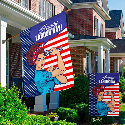 Alternative view of Happy Labour Day Rosie The Riveter American Outdoor Garden Flag - House Flag - Wall Flag
