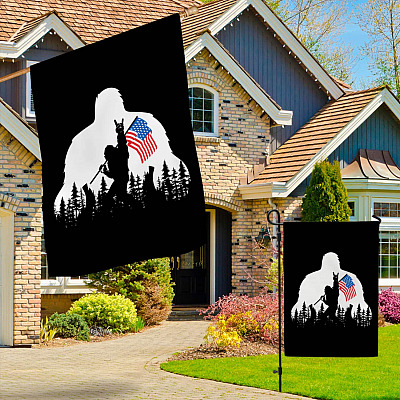 Alternative view of Bigfoot Rock And Roll American Flag Garden Flag - Sasquatch Carrying American Flag