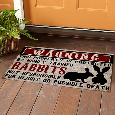 Alternative view of Warning This Property is Protected by Highly Trained Rabbits Funny Indoor Outdoor Decorative Doormat