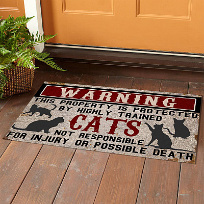 Alternative view of Warning This Property is Protected by Highly Trained Cats Funny Indoor Outdoor Decorative Doormat