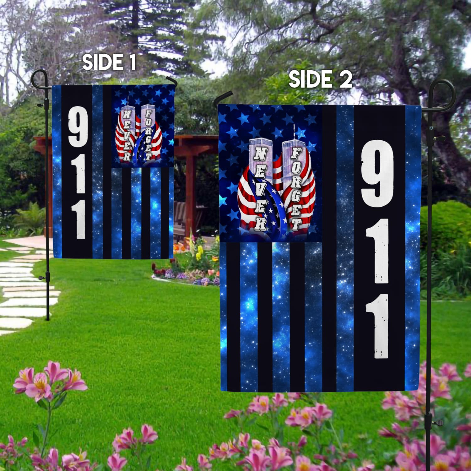 4KT. 911 Never Forget 30x40-Side 1 Garden Flag Mockup 2 Side-1