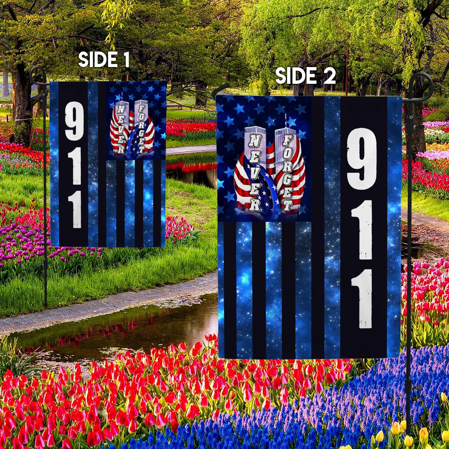 4KT. 911 Never Forget 30x40-Side 1 Garden Flag Mockup 2 Side-2