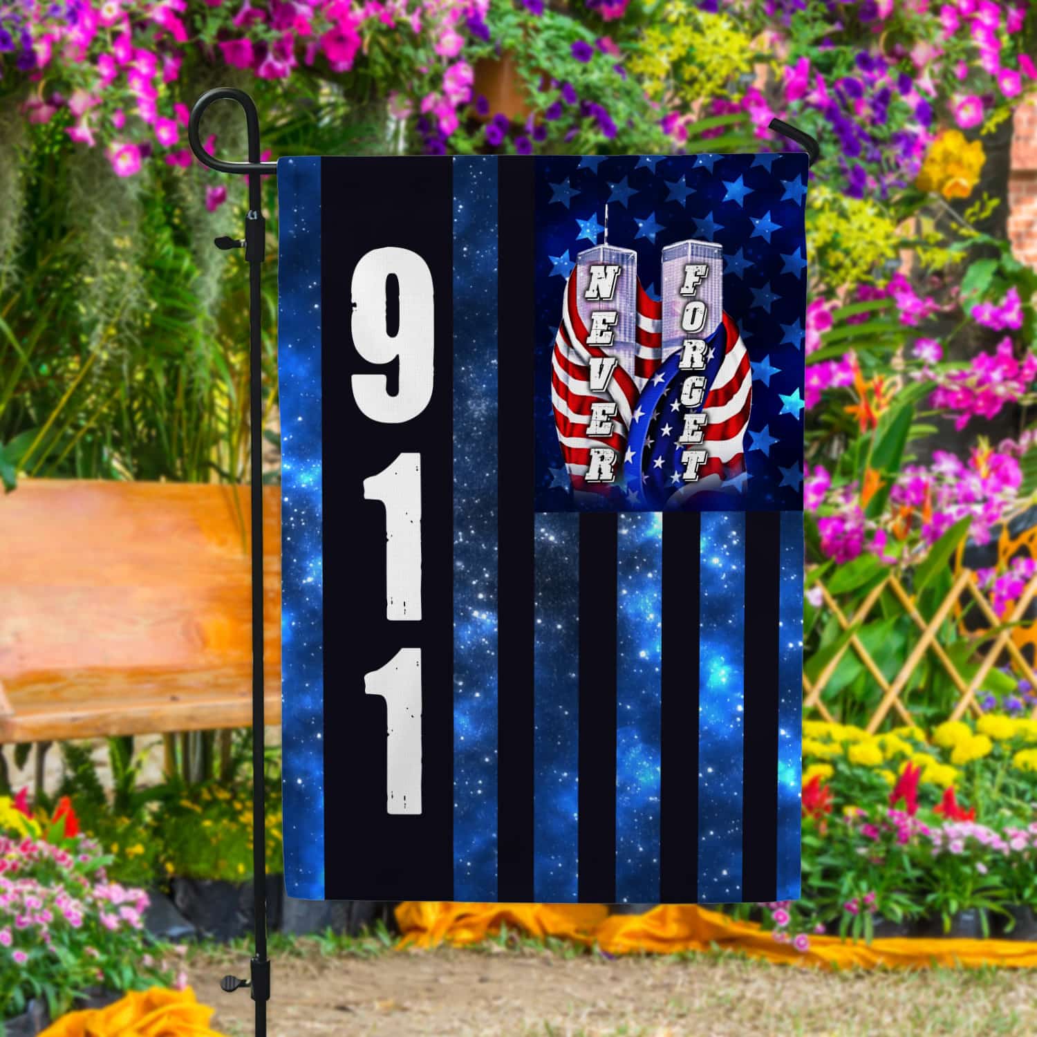 4KT. 911 Never Forget 30x40-Side 1 Garden Flag Mockup 4