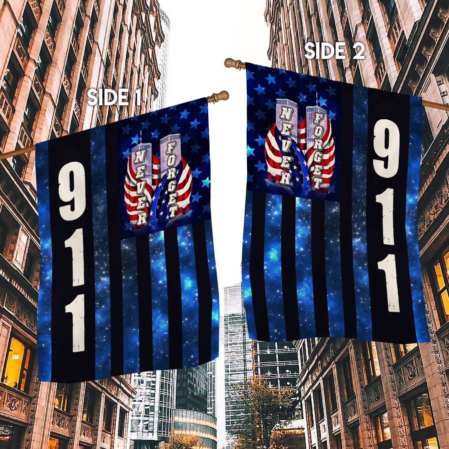 4KT. 911 Never Forget 30x40-Side 1 House Flag Mockup 2 Side-1