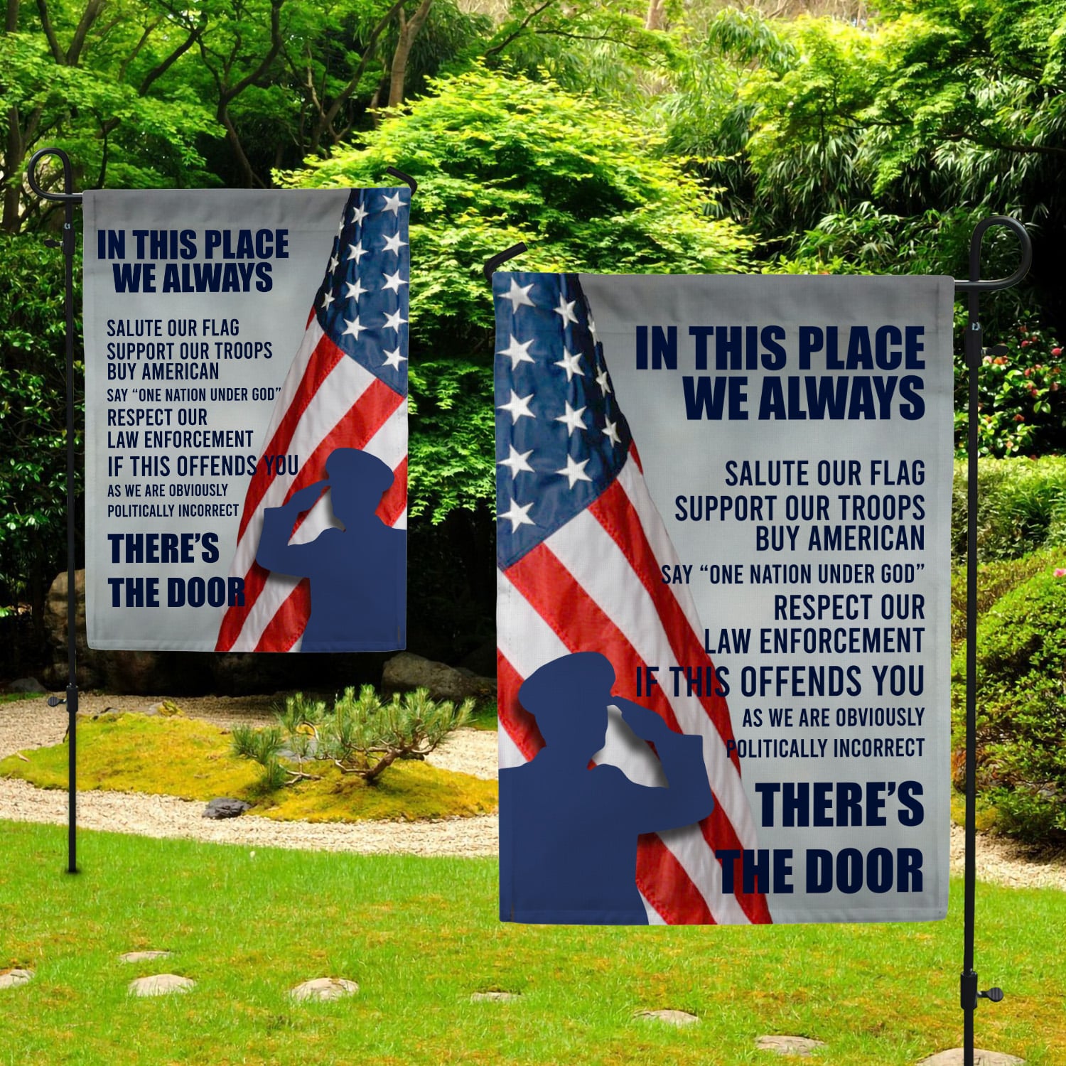 5KNG. Salute Our Flag 30x40 SIDE 1 Garden Flag Mockup 2 Side