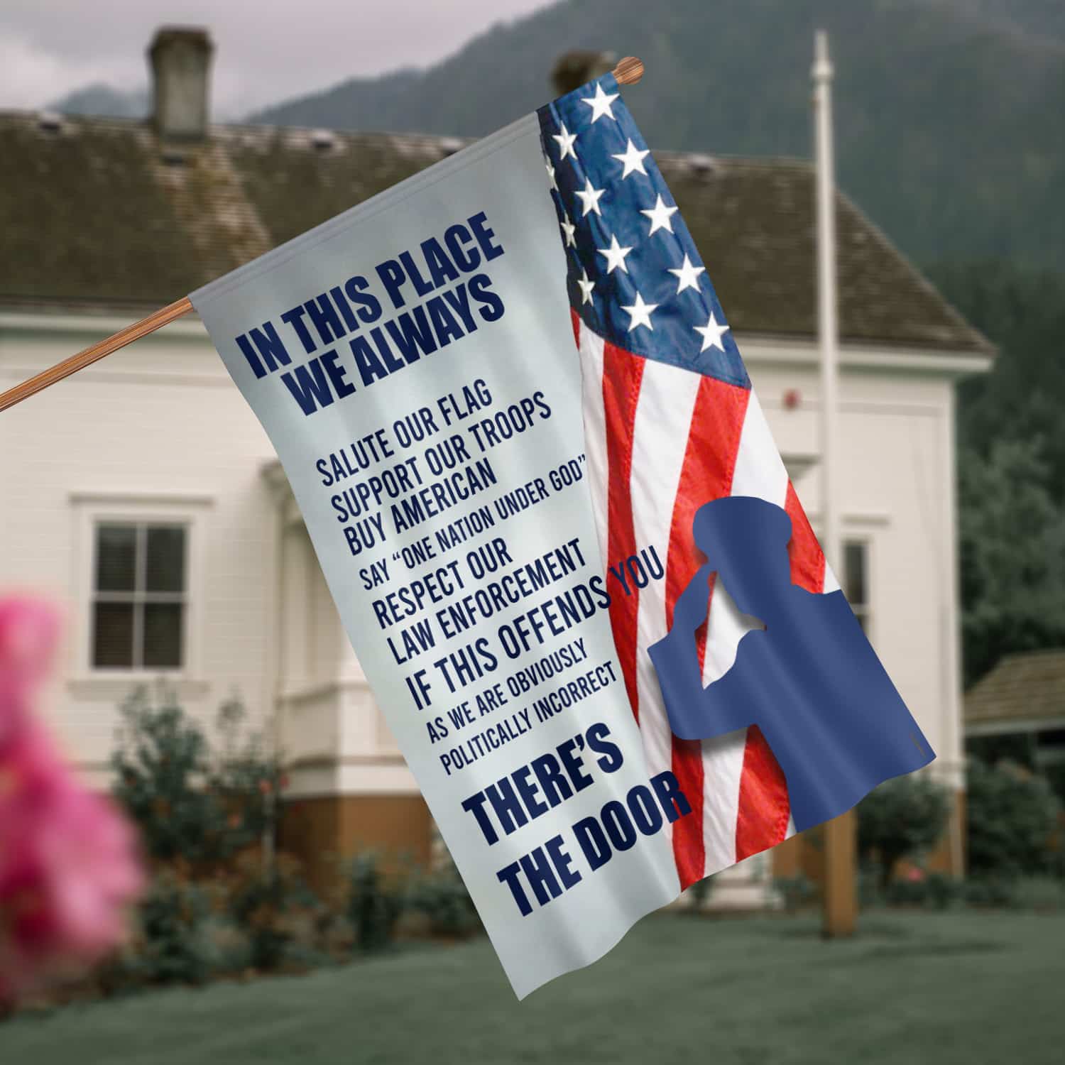 5KNG. Salute Our Flag 30x40 SIDE 1 House Flag Mockup 4