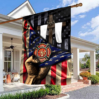 Christian Cross Fire Department Garden Flag - House Flag - Wall Flag - Firefighter Axe Flag