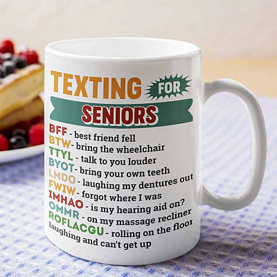 Texting for Seniors Funny Old People Mug - Beer Stein - Water Bottle - Color Changing Mug