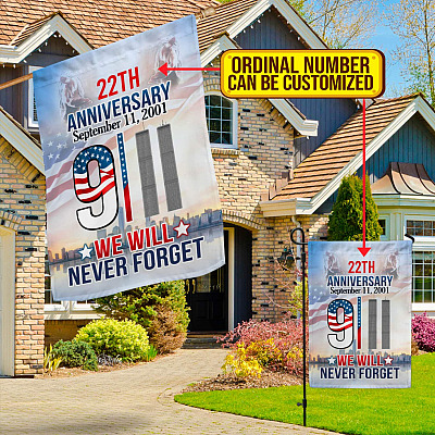 Alternative view of Personalized We Will Never Forget 20th Anniversary September 11th 2001 Outdoor House Flag - 9 11 Home Garden Flag
