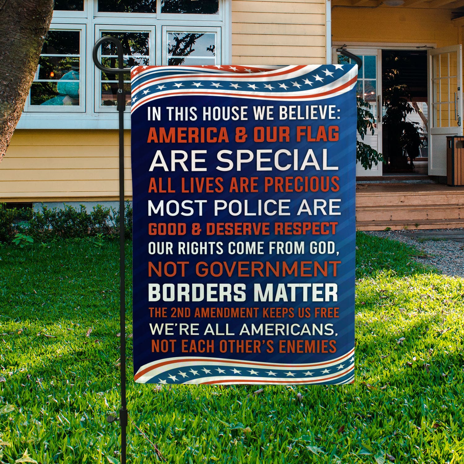 16 HG. In This House Our Flag Garden Flag Mockup 3