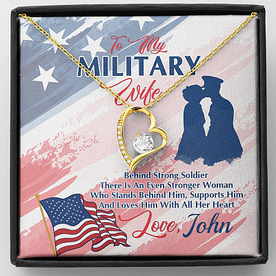 Personalized Name To My Military Wife Behind Every Strong Soldier Forever Love Heart Pendant Necklace-Wife Gift - Forever Love Necklace (18K Yellow Gold)