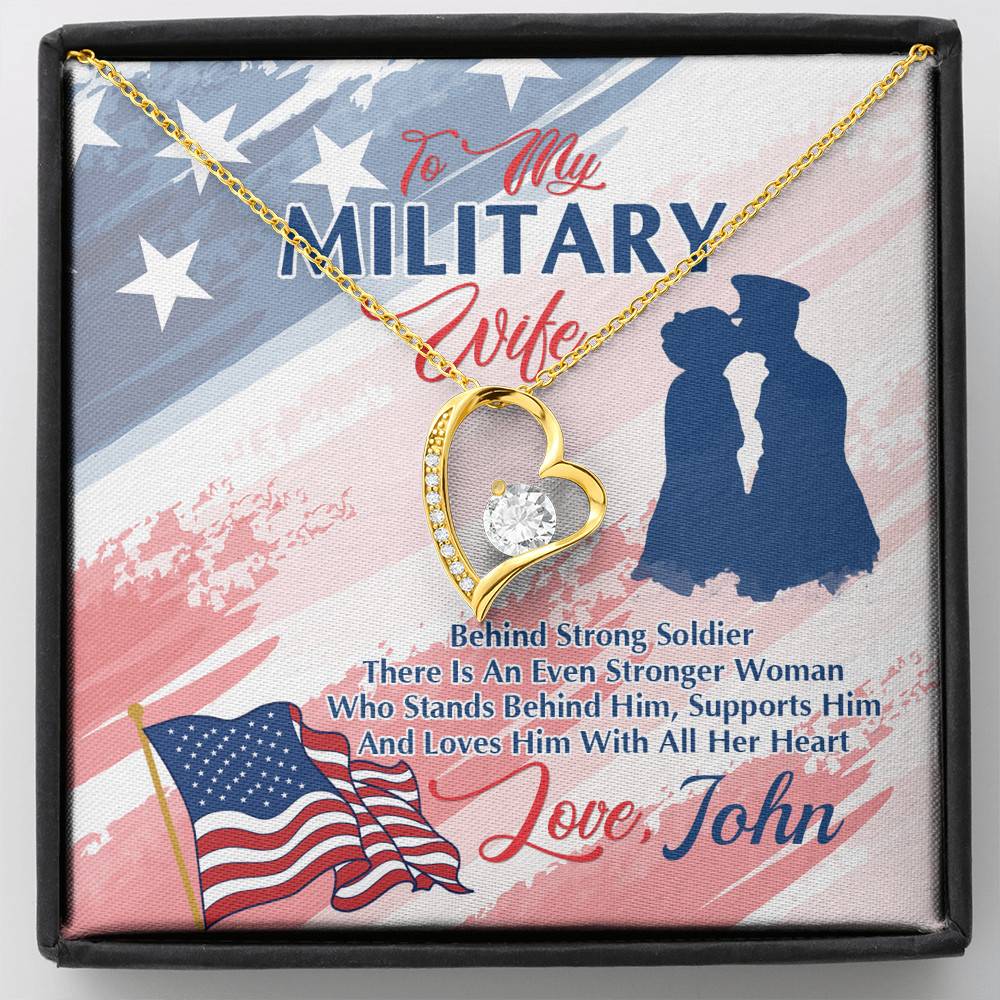 Personalized Name To My Military Wife Behind Every Strong Soldier Forever Love Heart Pendant Necklace-Wife Gift - Forever Love Necklace (18K Yellow Gold)