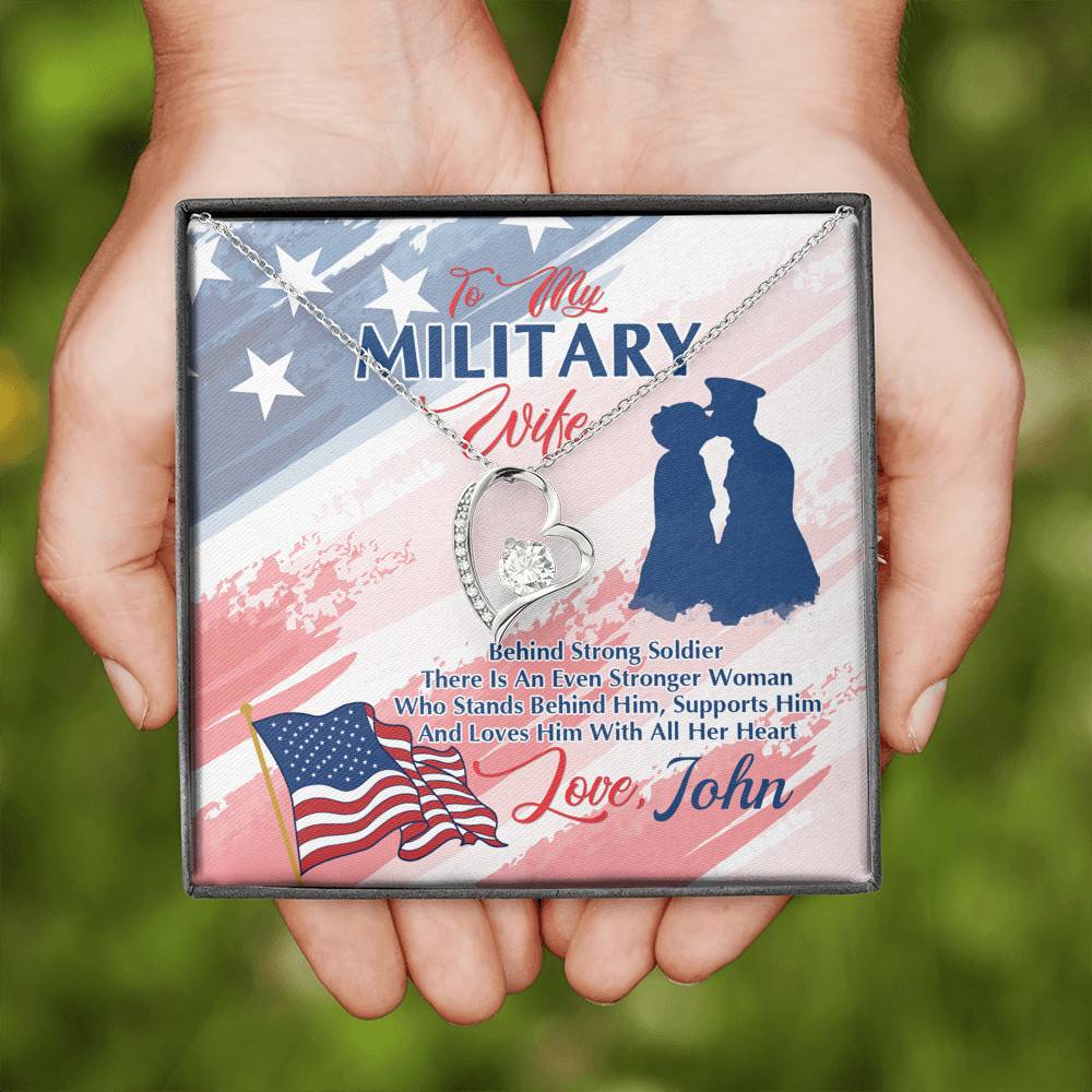 Personalized Name To My Military Wife Behind Every Strong Soldier Forever Love Heart Pendant Necklace-Wife Gift