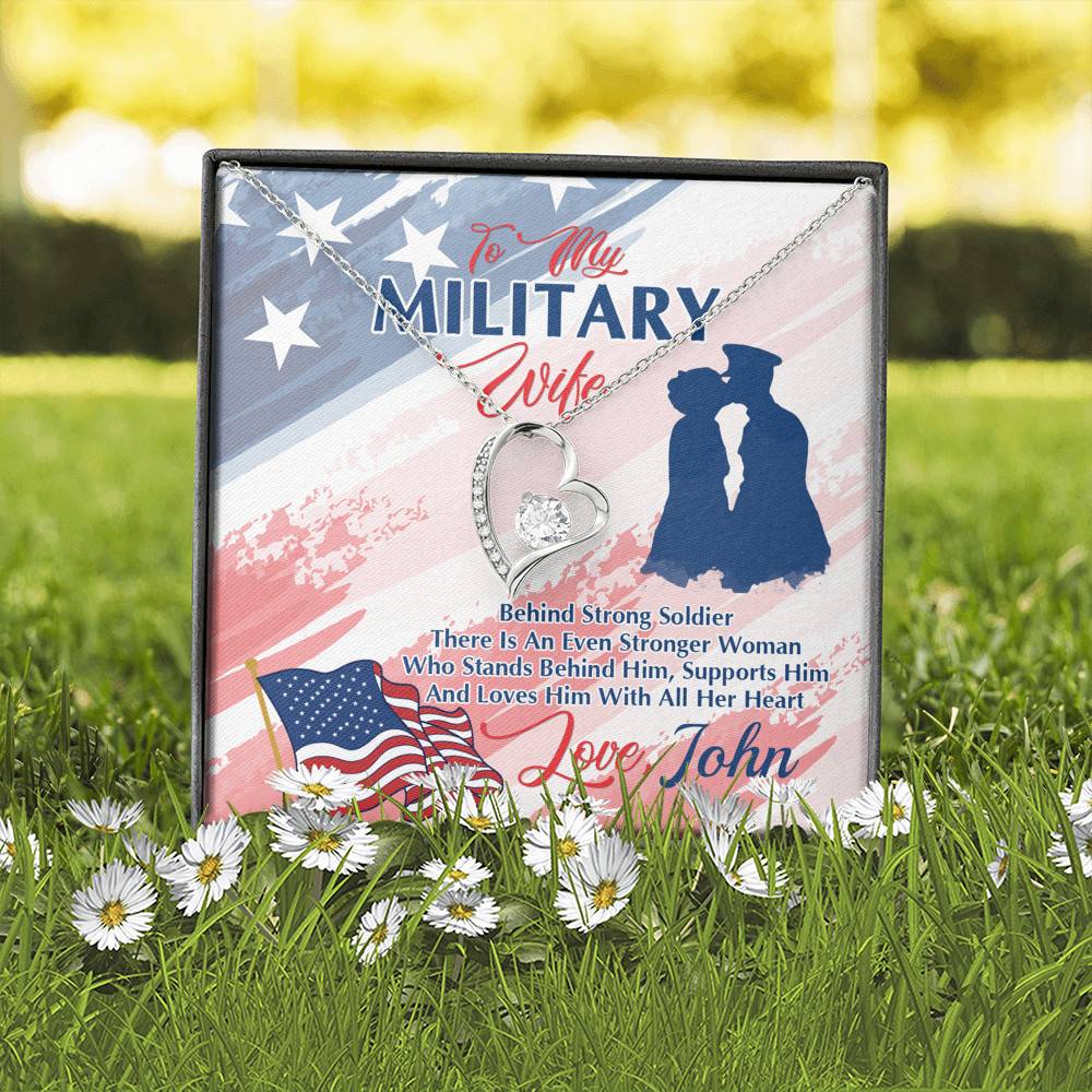 Personalized Name To My Military Wife Behind Every Strong Soldier Forever Love Heart Pendant Necklace-Wife Gift