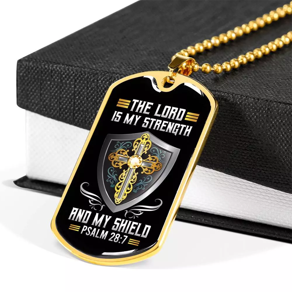 Cross the Lord Is My Strength and My Shield Christian Dog Tag Pendant Necklace