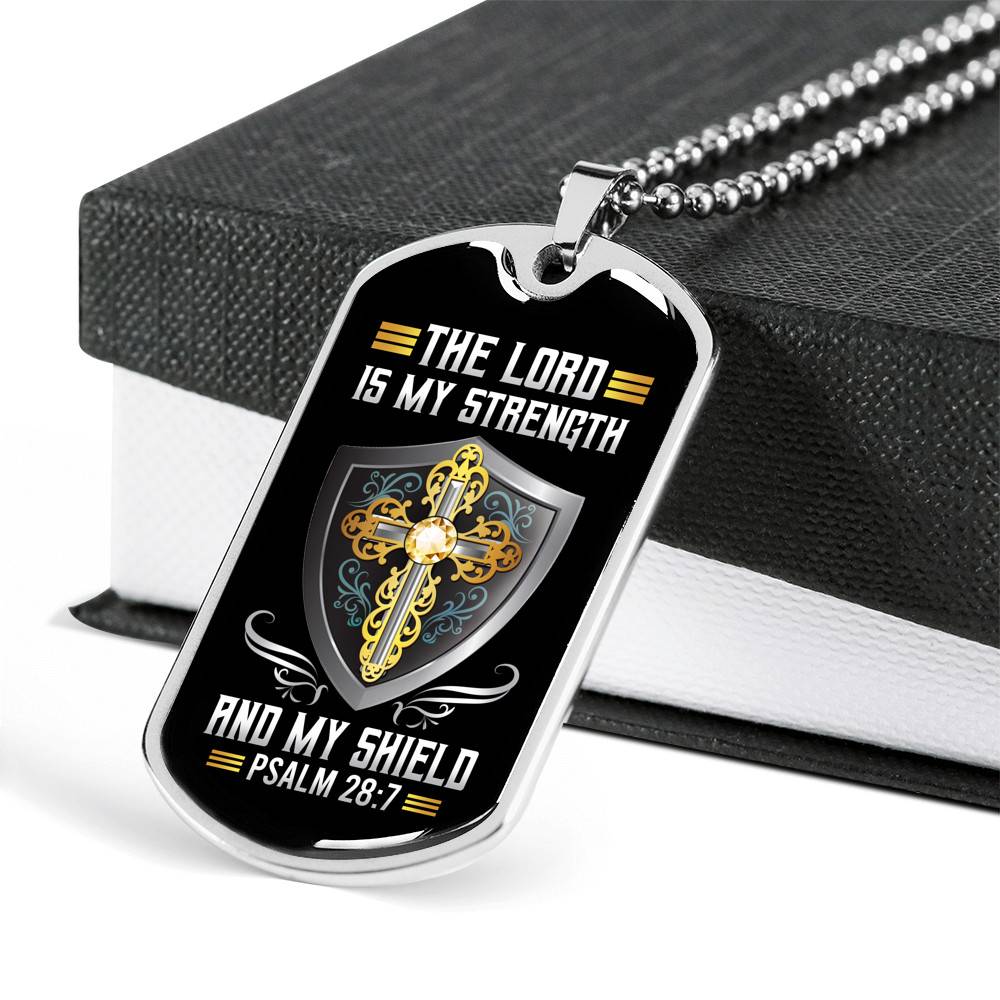 Cross the Lord Is My Strength and My Shield Christian Dog Tag Pendant Necklace