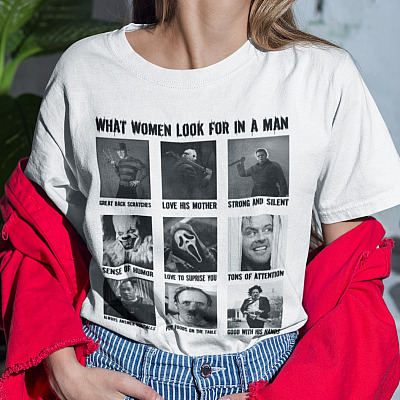 Alternative view of What Women Look for in a Man Horror Movie Character T-Shirt - Funny Halloween Movie Shirt