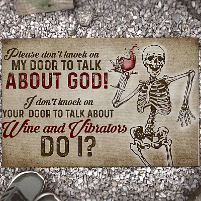 Please Don't Knock On My Door To Talk About God Funny Skull House Doormat - Outdoor Indoor Doormat