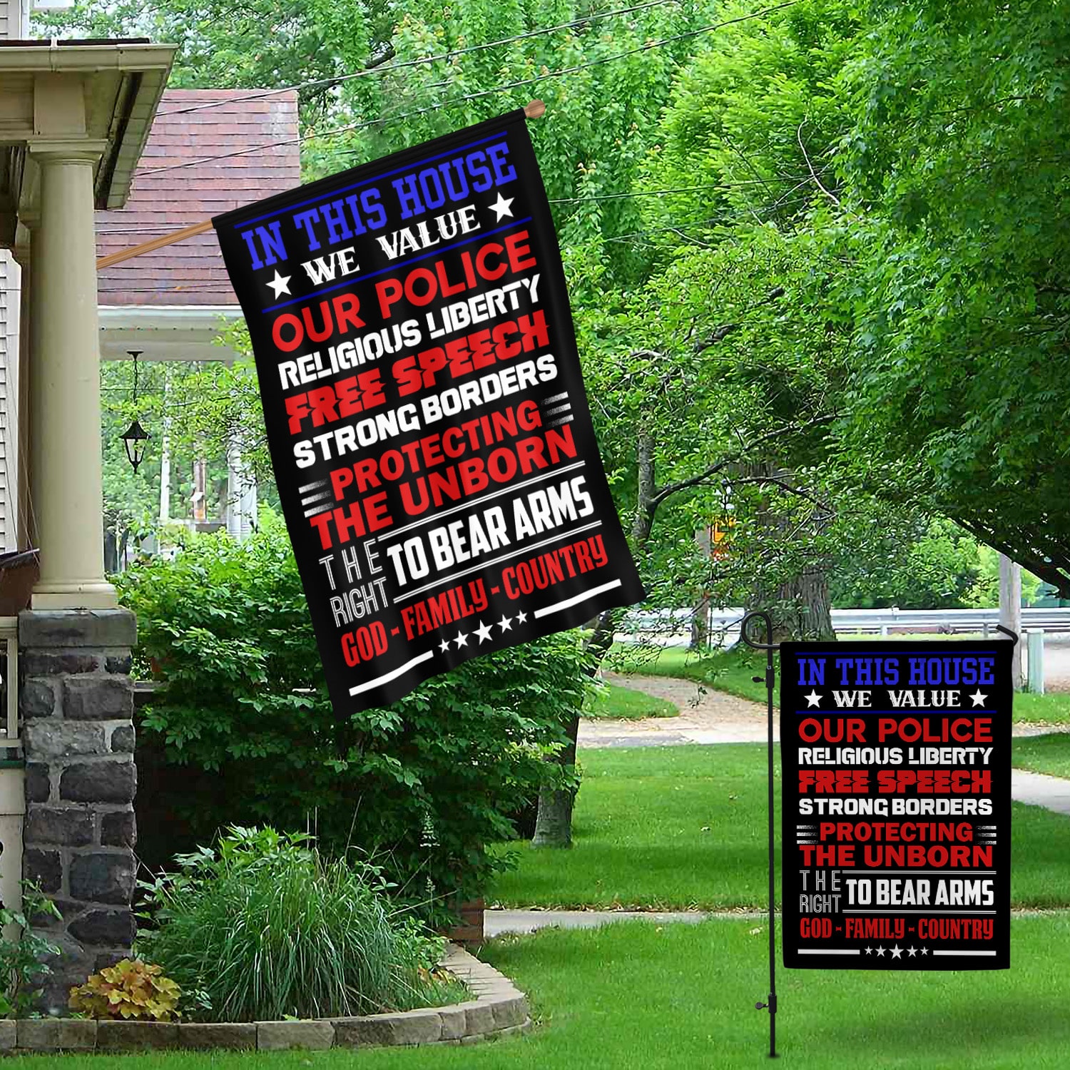 1LV. Value Police Flag 30x40 Garden & House Mockup 1