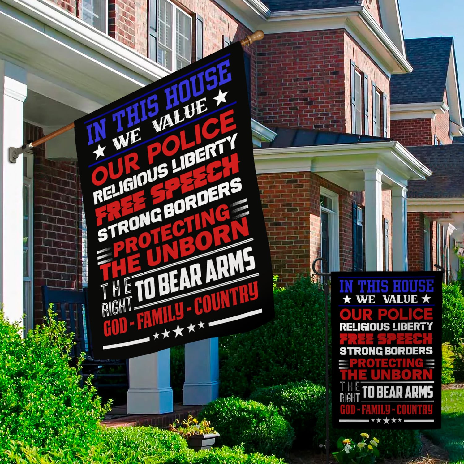 1LV. Value Police Flag 30x40 Garden & House Mockup 2